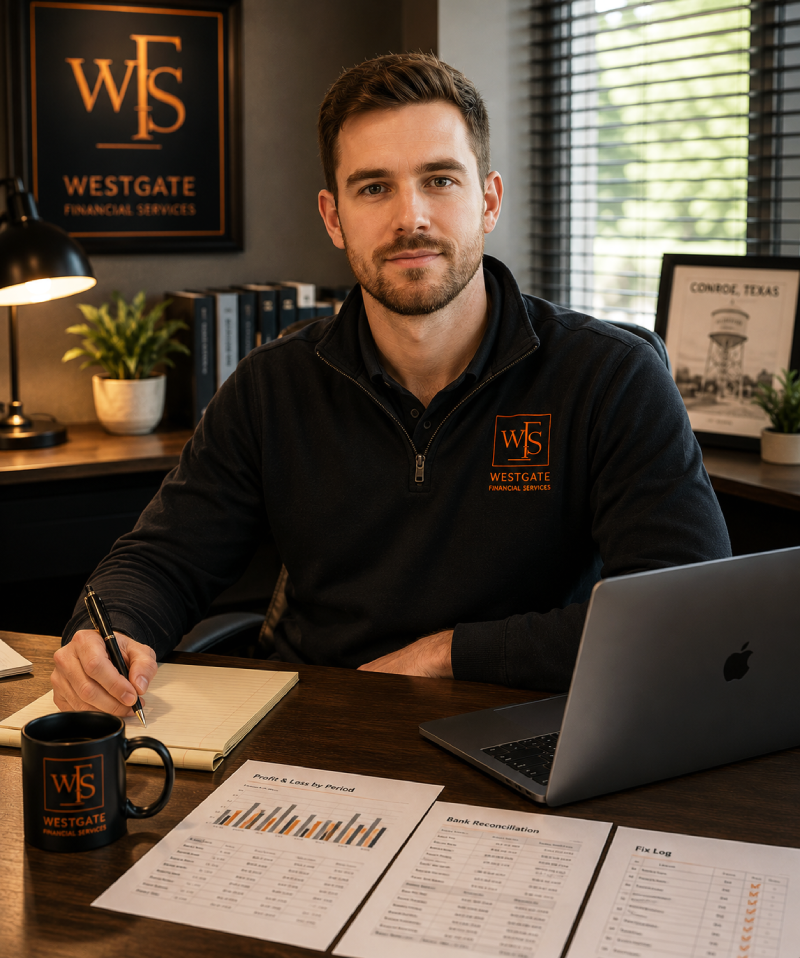 David Westgate, founder of Westgate Financial Services, at his desk in Conroe, Texas &mdash; reviewing a QuickBooks monthly close file and preparing for a client discovery call. 40+ years of combined operational bookkeeping experience.