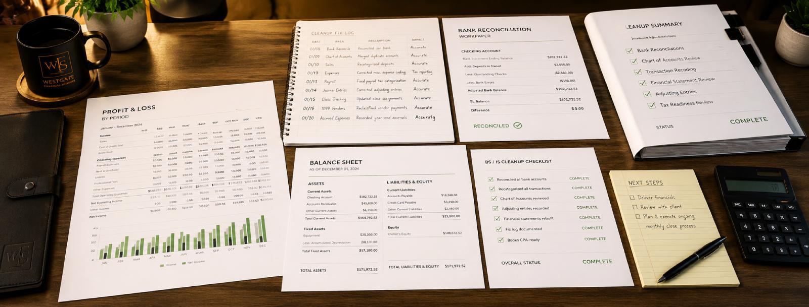 Reconciled QuickBooks monthly close report, P&L by location, and documented fix log spread across a desk &mdash; anonymized output from a WestgateFS bookkeeping cleanup engagement for a Houston restaurant group