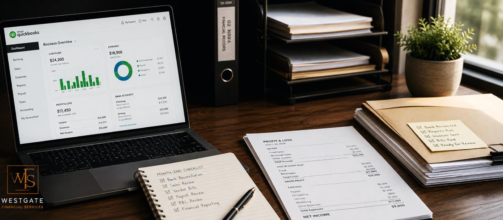A clean, organized QuickBooks file opened on a desk — representing the completed bookkeeping cleanup performed by WestgateFS for a three-location Houston restaurant group after 14 months of unreconciled records