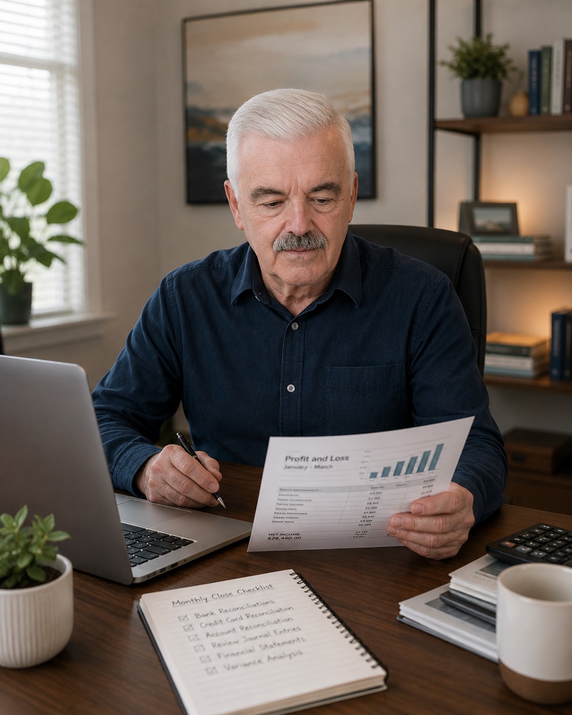 David Westgate, founder of Westgate Financial Services, reviewing a reconciled QuickBooks monthly close at his desk in Conroe, Texas &mdash; representing 40+ years of combined operational bookkeeping experience.