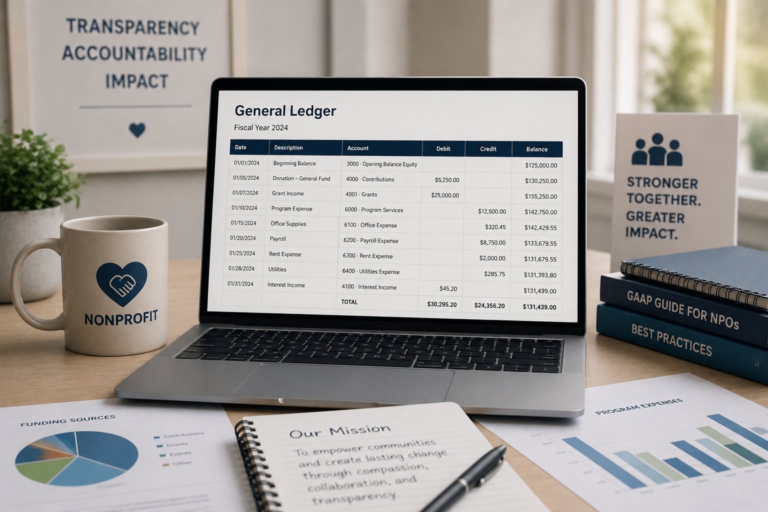 Open ledger and a board-ready monthly statement of activities for a small Texas faith-based nonprofit, prepared by WestgateFS &mdash; showing restricted and unrestricted fund balances.